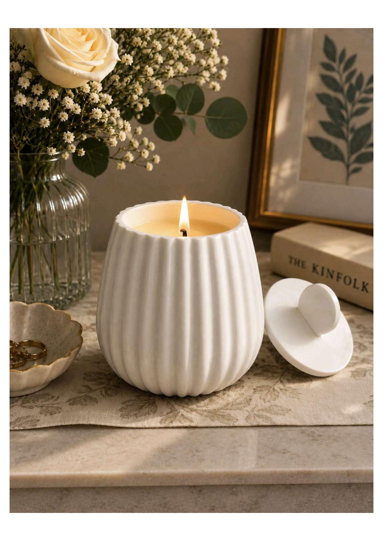 Concrete Ribbed Jar Candle with Lid